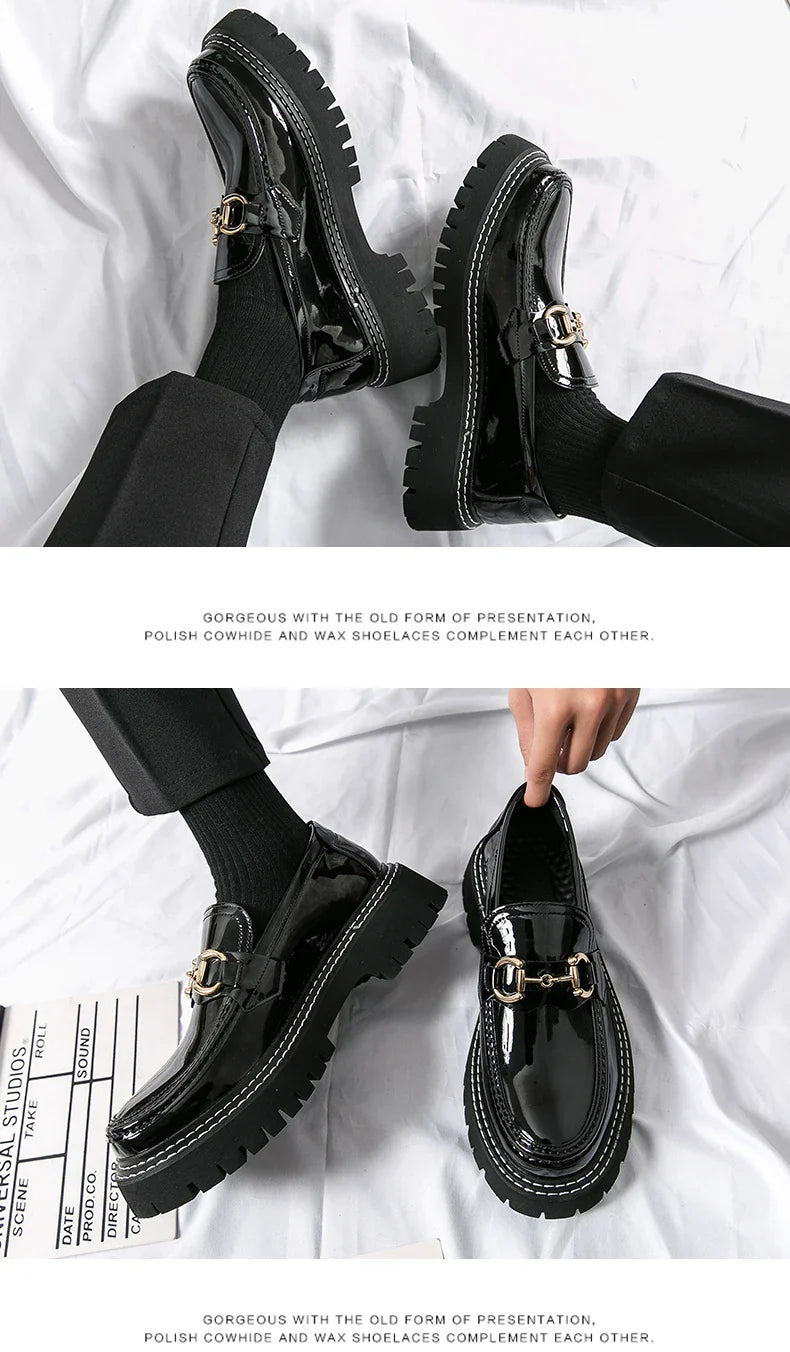 New Men Patent Leather Loafers Fashion Casual Shoes Male Thick Sole Increased Height Slip On Breathable Comfortable Driving Shoe