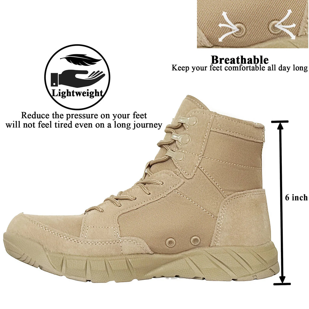 LAHORS® Lightweight 6 INCH Man Tactical Boots With Zip Combat Training Lace Up Waterproof Outdoor Hiking Breathable Ankle Shoes