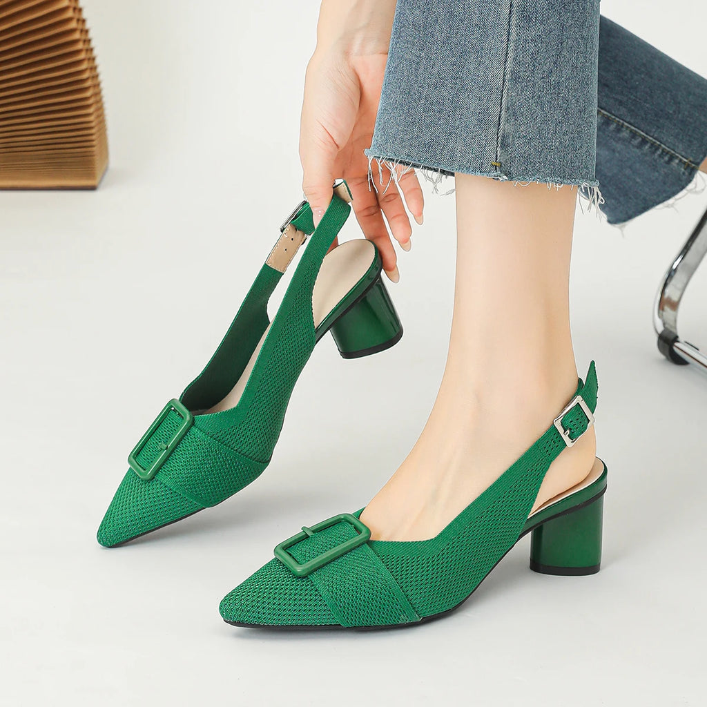 2025 New Women's High Heel Sandals with Pointed Knitted Fashion, Breathable, Non slip, and Colorful Blocks