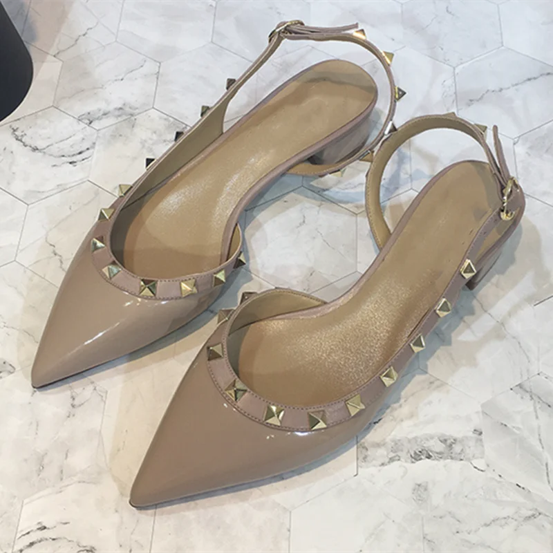 Women Real Leather Shiny Back Buckle Strap Fashionable Sandals European And American Style Trendy Shoes Closed Toe Gold Studs 42