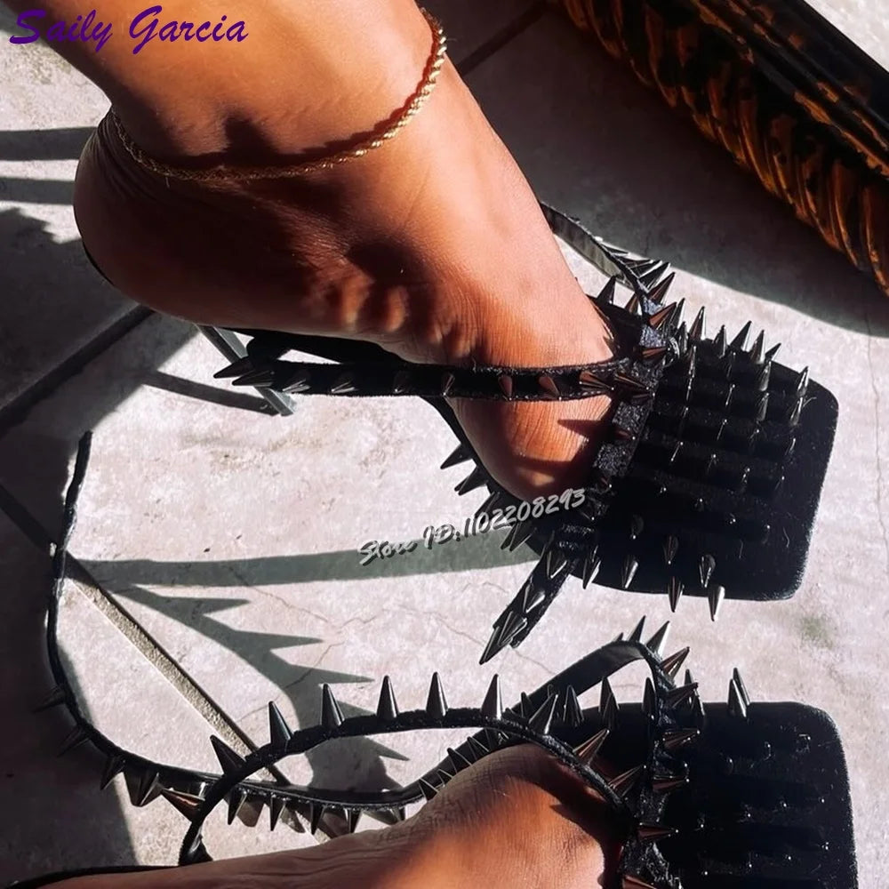 Sexy Suede Spikes Pumps Black Square Toe Shallow Rivet Cross-tied High Heels 2025 Summer New Elegant Party Fashion Women Shoes