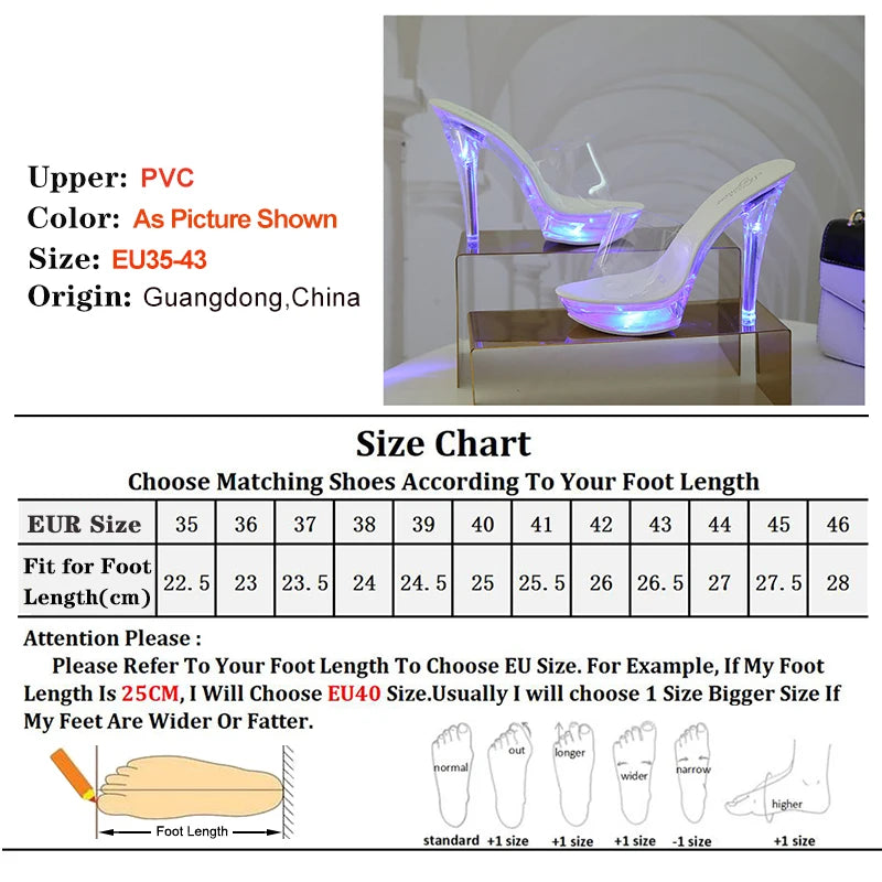 Summer Led Illuminated Women Slippers Super High Heel 13cm Crystal Ankle Buckle Sandals Transparent Platform Female Party Shoes
