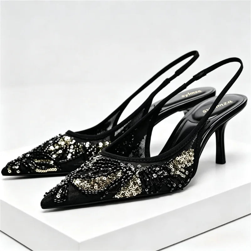 Fashion Mesh String Bead Embellished Design Heels Women Elegant Pointed Toe Back Strap Slide Sandals Black Party Dress Shoes