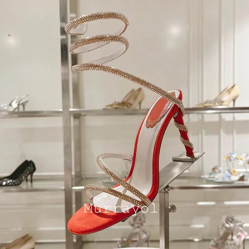 Glitter Crystal Decor High Thin Heels Sandals Women Shiny Snake Shaped Elastic Strap Design Sandalias Summer Party Dress Shoes