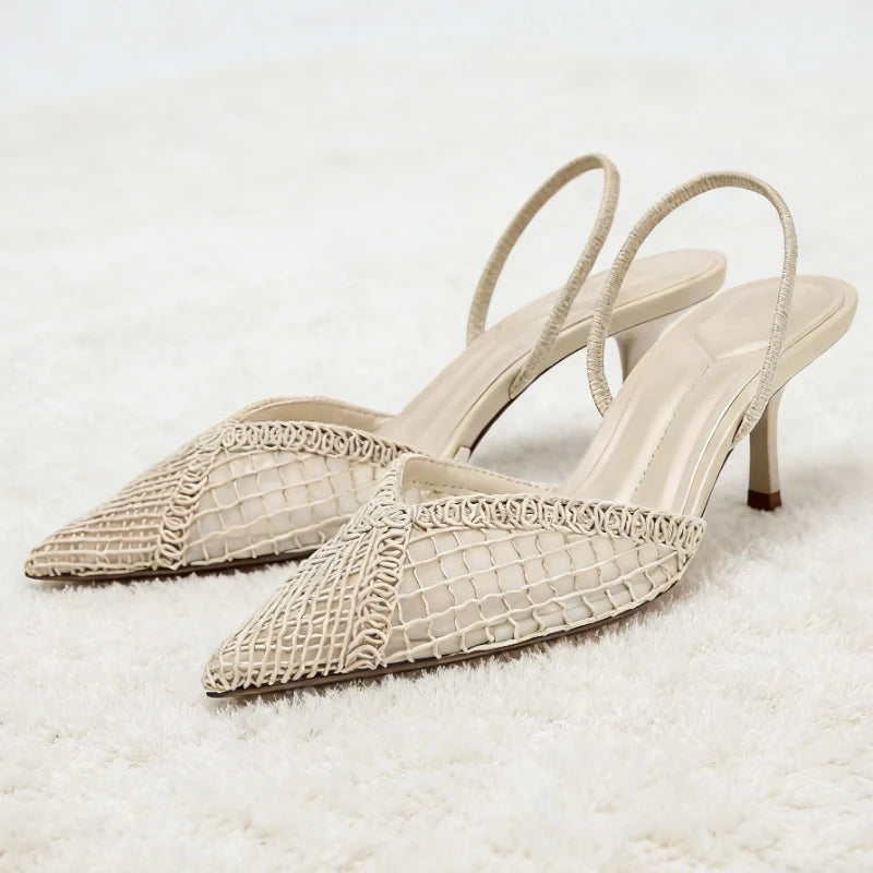 Comfort Mesh Woven Brand Pumps Women Summer Fashion Pointy Toe Thin Heel Designer Shoes Elegant Banquet Dress Shoe Zapatos Mujer