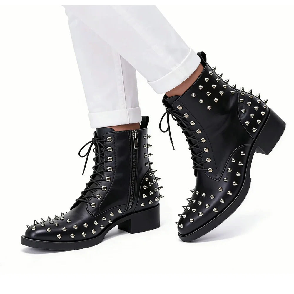 Autumn Genuine Leather Men's boots Chelsea Fashion Rivet Lace-up High quality Bright leather  Pointed shoes Dress Boots
