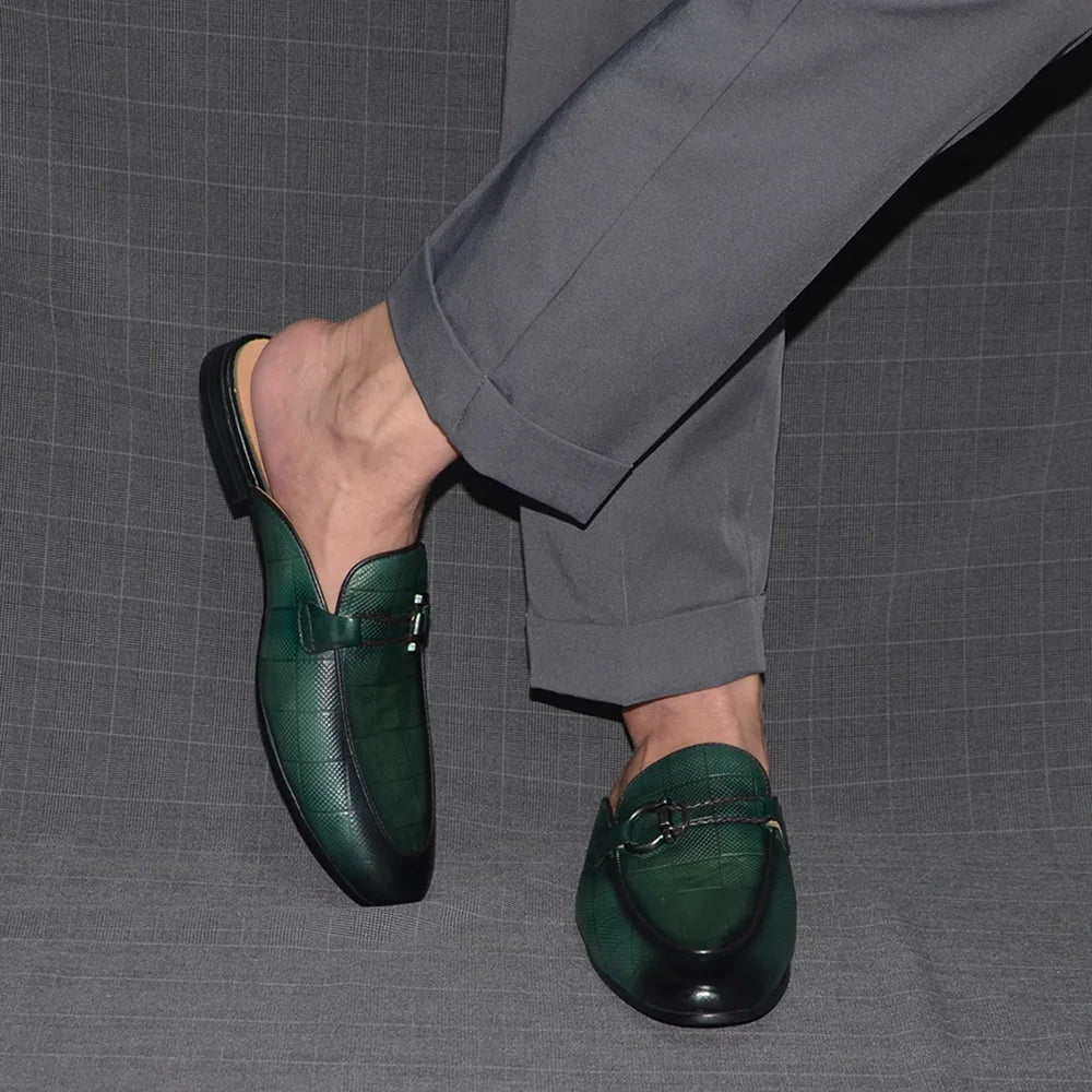 Men's Buckle Mule Slip on Backless Loafer Slides Classic Dressy Flat Sandals Checkerboard Genuine Leather Closed Toe Half Shoes