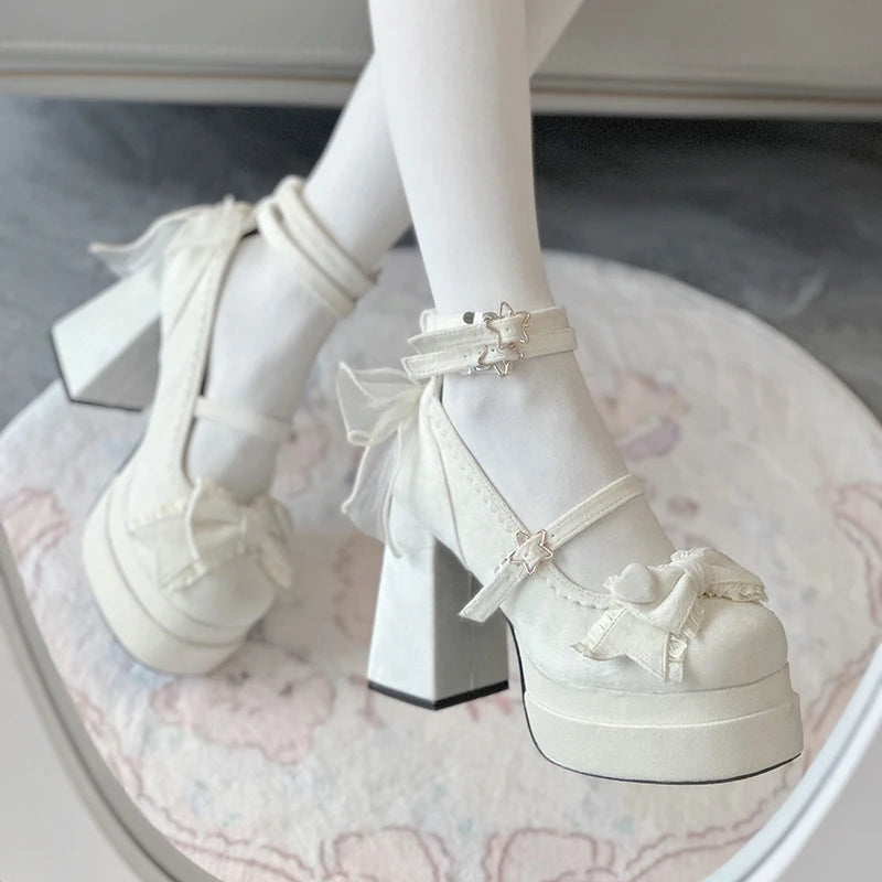 Platform High Heel Women Lolita Shoes Fashion Shallow Butterfly-knot Shoes Ladies Party Dress Cross Strap Pumps Shoes