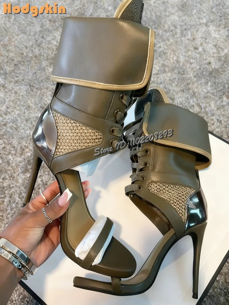Retro Green Mid-calf Sandals Patchwork Open Toe Mesh Cross-tied High Heels Fashion Stiletto Roman Shoes 2026 Summer New Women
