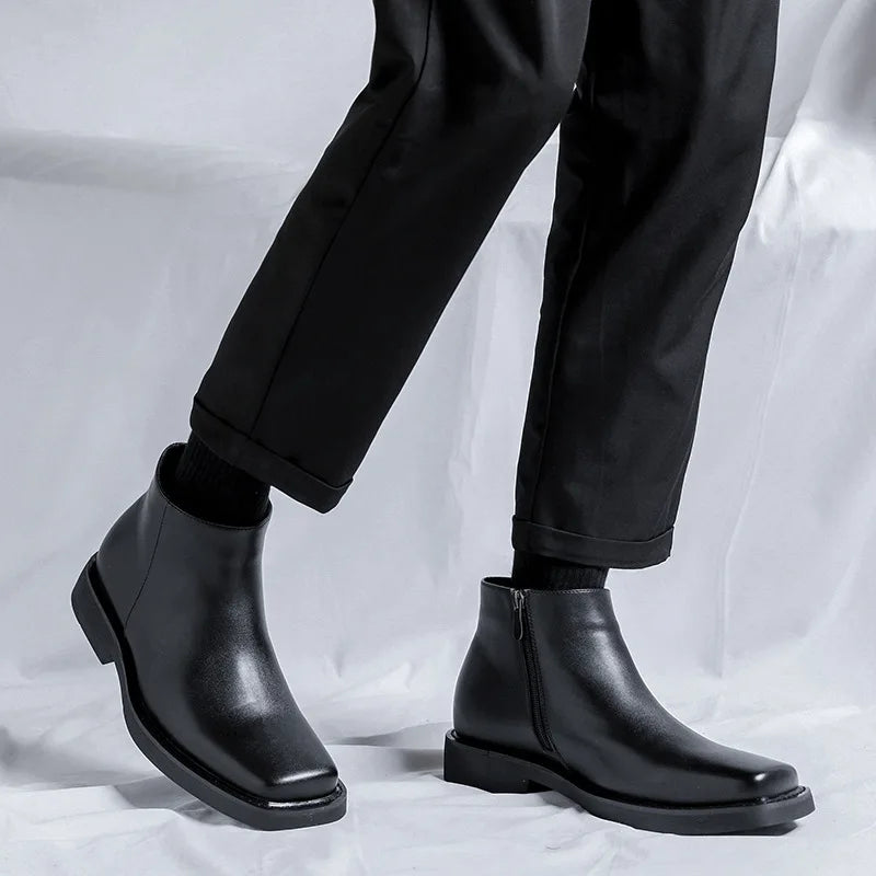 Luxury Fashion Black Men Casual Leather Shoes Autumn Winter Dress Ankle Boots Vintage British Business Square Toe Chelsea Boots
