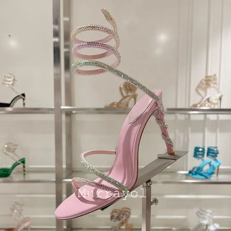 Glitter Crystal Decor High Thin Heels Sandals Women Shiny Snake Shaped Elastic Strap Design Sandalias Summer Party Dress Shoes