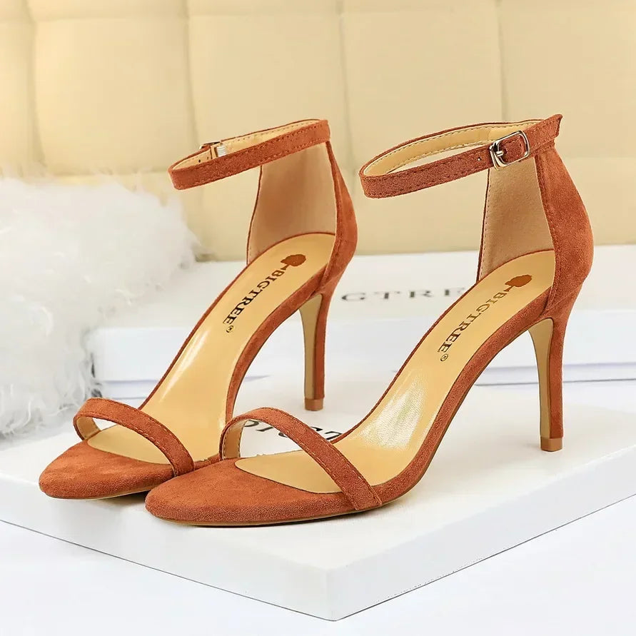 Women Gladiator Stiletto Classic Ankle Strap Holiday Beach Sandals Lady Fashion Suede 8cm 11cm High Heels Sexy Red Brown Sandles