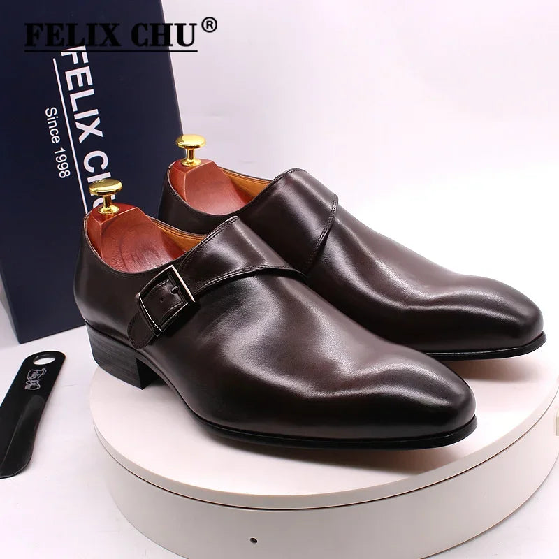 Designer Men's Dress Shoes Classic Genuine Leather Monk Strap Buckle Dark Brown/Black Office Business Formal Shoes for Men