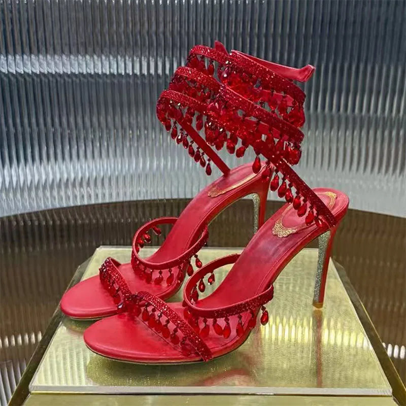 Sexy High Heels Gladiator Sandals Women Crystal String Bead Snake Twine Around Ankle Strap Wedding Shoes Summer Sandals Woman