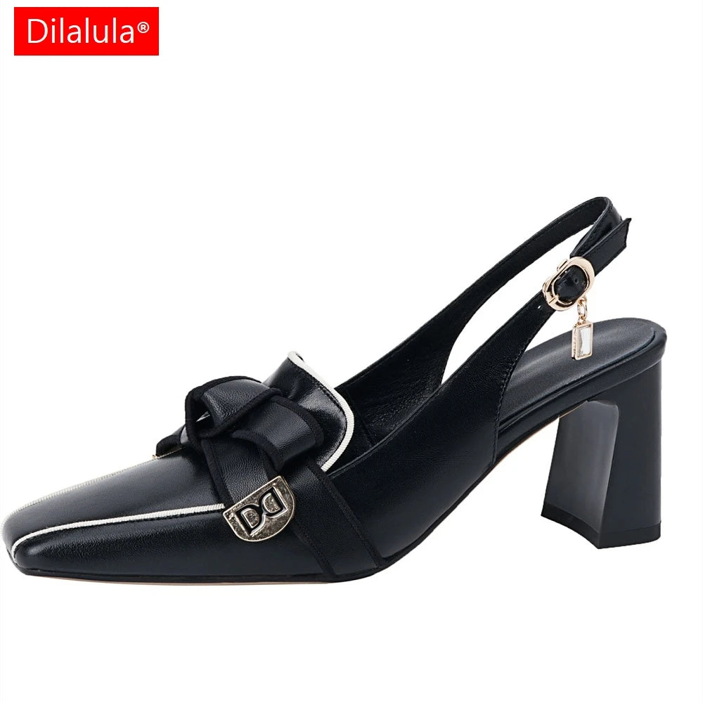 Dilalula 2025 French Style Genuine Leather Sandals Women Covered Toe Butterfly Knot Party Dating Sandals Office Ladies Pumps