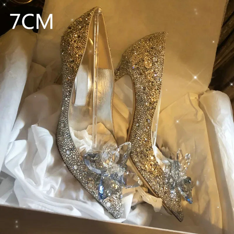 2026 Cinderella Crystal Wedding Shoes High Heels Autumn New Silver Full Diamond Bridal Shoes Rhinestone French Single Shoes