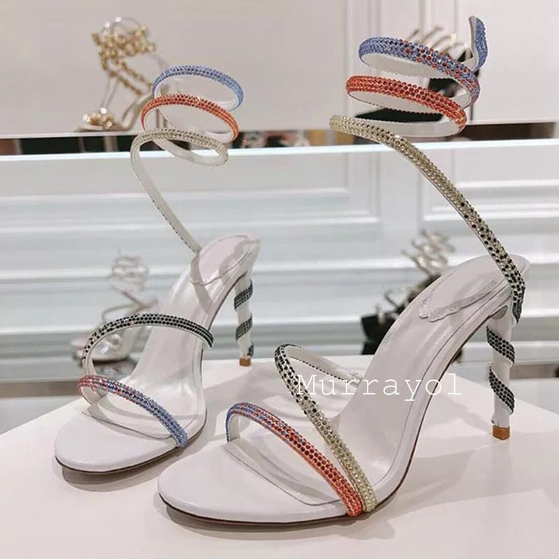 Glitter Crystal Decor High Thin Heels Sandals Women Shiny Snake Shaped Elastic Strap Design Sandalias Summer Party Dress Shoes