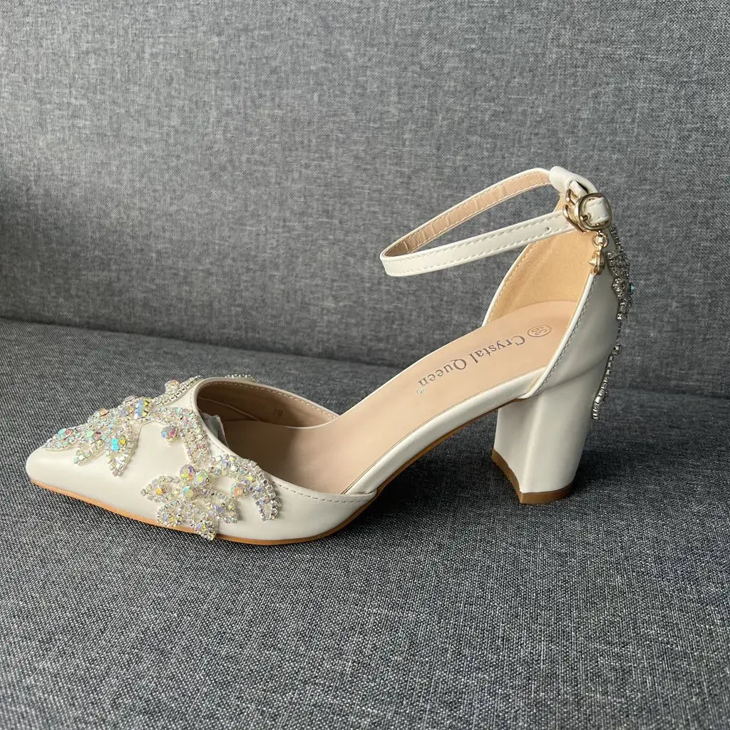 2026 Thick Heel Pointed Toe Shoes Large Size  Thick Heel Sandals Women Rhinestone Wedding Shoes Women White Wedding Shoes Drill