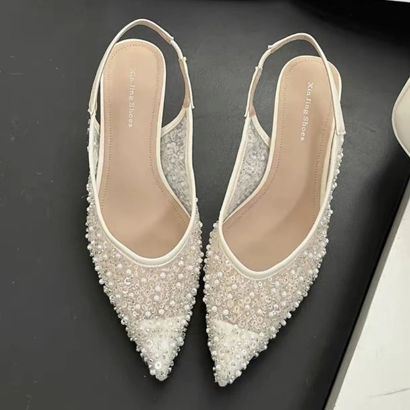 String Beads Mesh Slingback High Heels Women Bling Sexy Sandals Breathable Pointed Toe Pumps Wedding Banquet Party Shoes Femal