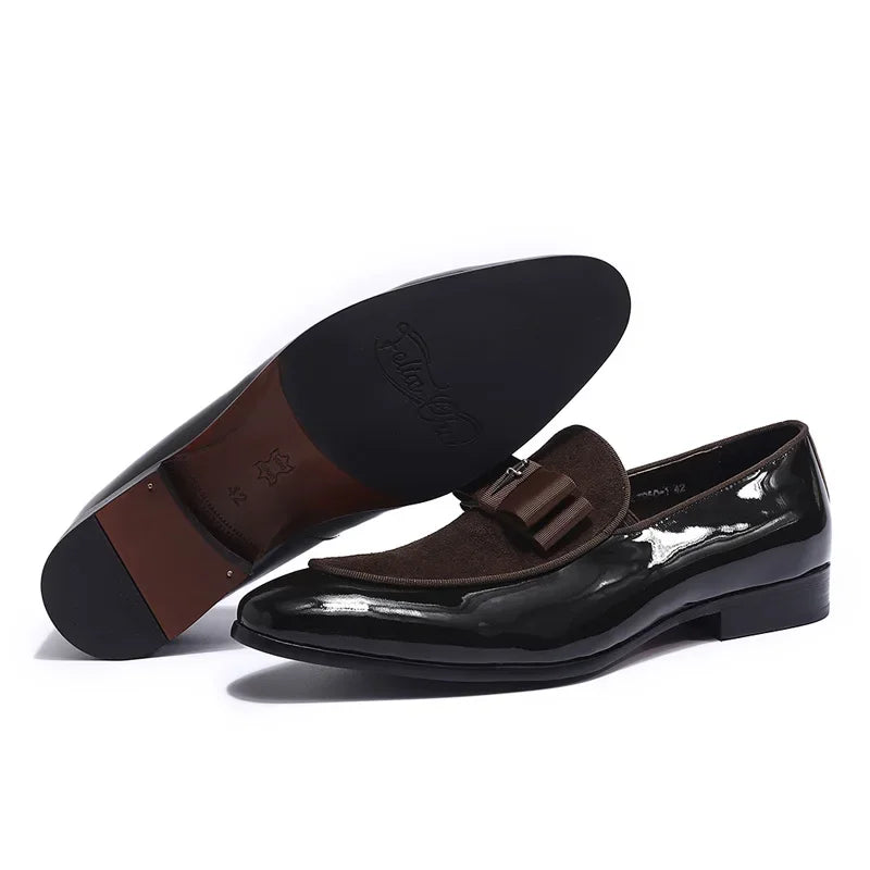 Handmade Men's Genuine Leather Patent Suede Loafers Patchwork Bow Tie Dress Shoes for Wedding Banquet Formal Occasions