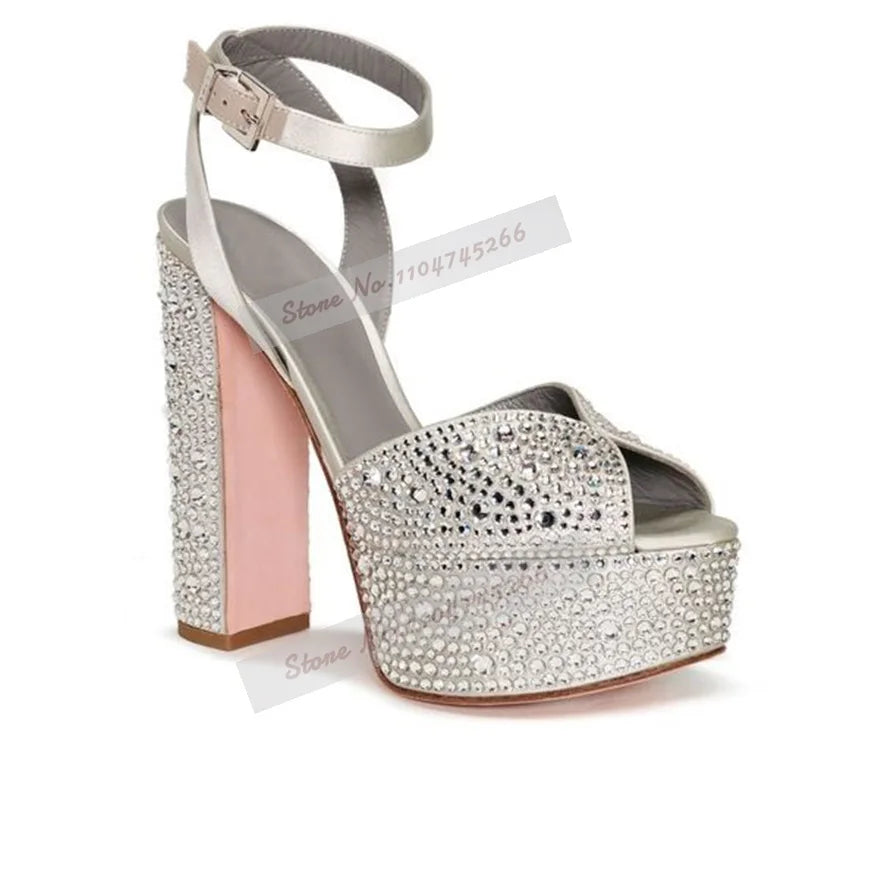 Champagne Crystal Chunky Heel Sandals Bling Rhinestone Platform Wedding Shoes Velvet Open Toe Buckle Strap Block Heels