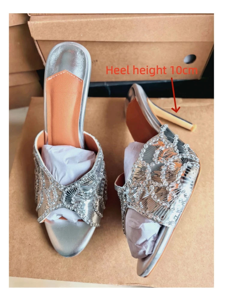 2026 New Gold Pineapple Sexy Rhinestone Fine High Heel Sandals Women's Outdoor Wear Glamorous Lady Executive Plus Size Slippers
