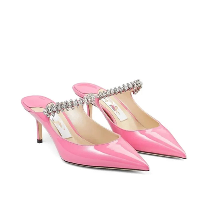 2025 Summer New Pointed High Heels Women's Muller Shoes Transparent Water Diamond Sexy Fashion Thin Heel Women's Sandals