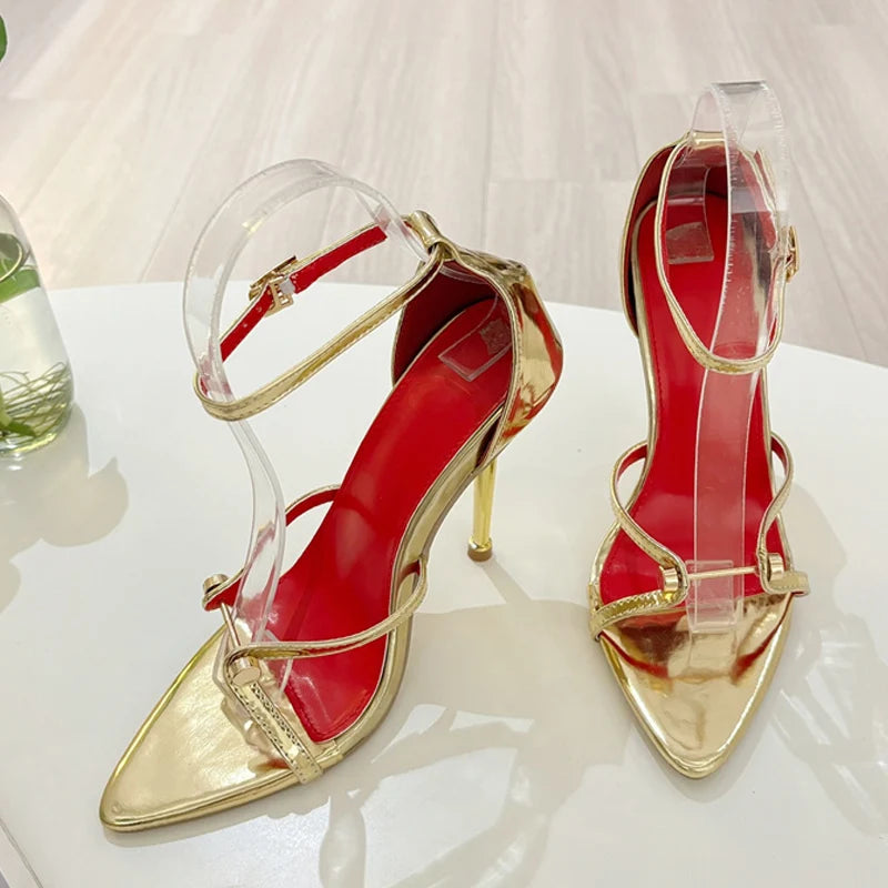 Liyke Sexy Gold Silver Ankle Cover Strap Sandals Women Shoes Fashion Metal Decoration Pointed Open Toe Party Club Stripper Heels