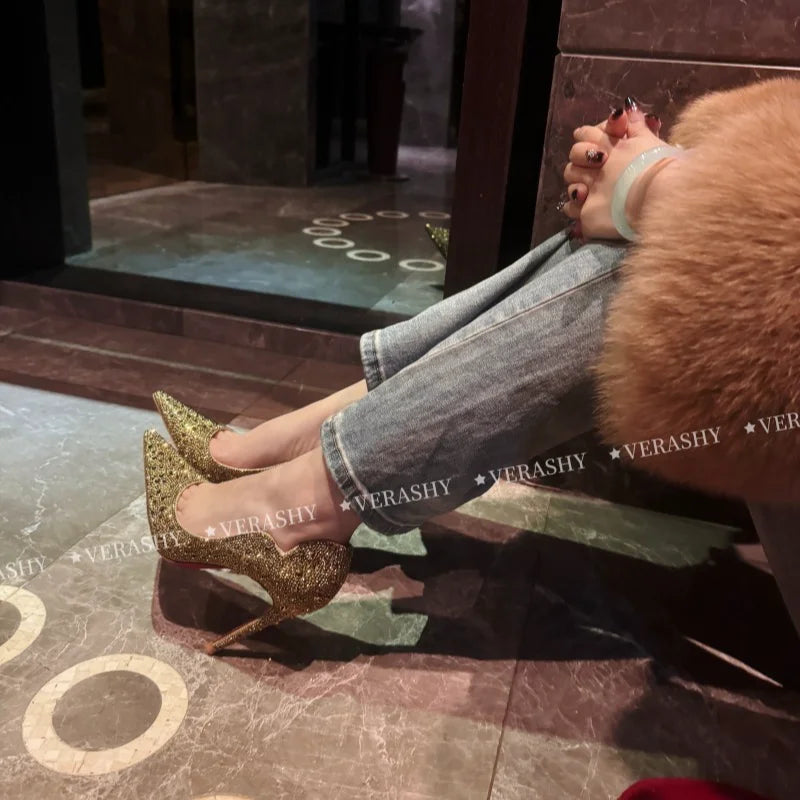 Full Diamond New Gold Fine Heel Pointed Fashion Versatile High Heels Water Diamond Wedding Shoes Women's Bridal Shoes