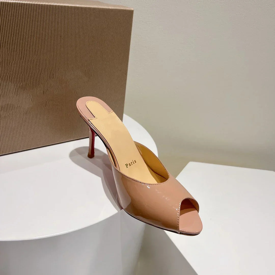 New patent leather nude high heels stiletto round head open-toed fish mouth shoes sexy outer slippers women's muller shoes
