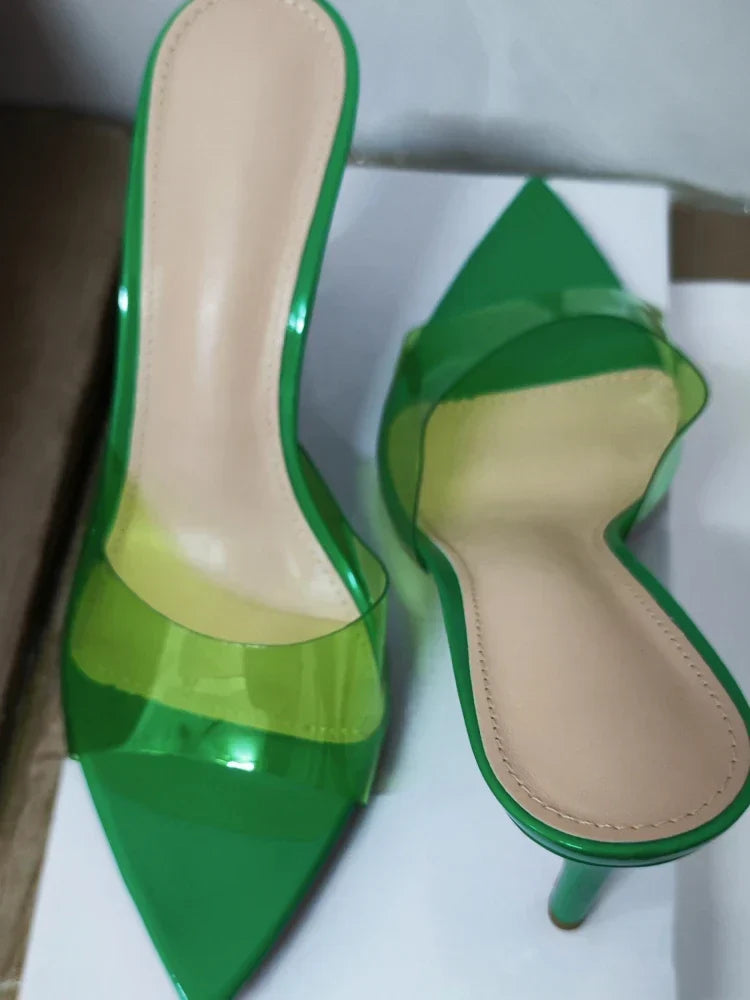 New Summer Women's High-heeled Sandals Simple Transparent High-heeled Slippers Stiletto Pointed Open-toed Slippers Mules