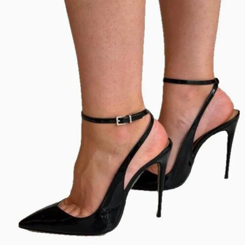 Women White Black Solid Patent Leather Pointed Toe Stiletto Pumps Lady Shallow Ankle Cross Buckle Slingback Thin Heels Pumps