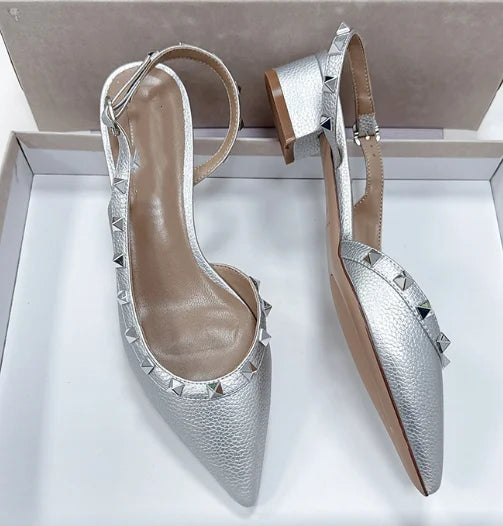 Women Real Leather Shiny Back Buckle Strap Fashionable Sandals European And American Style Trendy Shoes Closed Toe Gold Studs 42