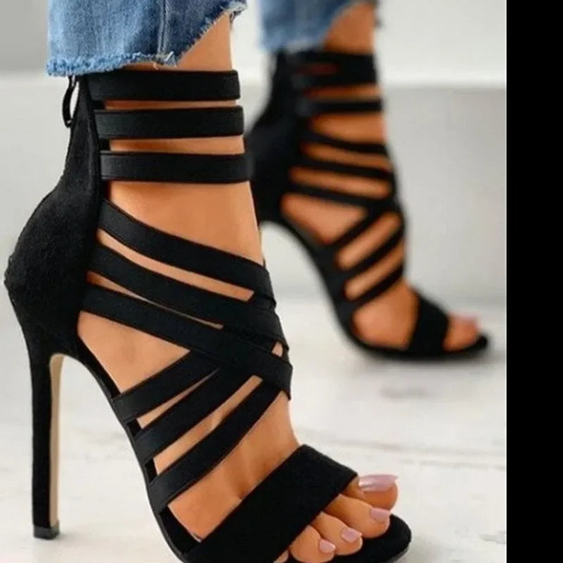 Summer women's fashion bandage back zipper sandals 2025 sexy pointed toe versatile solid color banquet party stilettos large 43