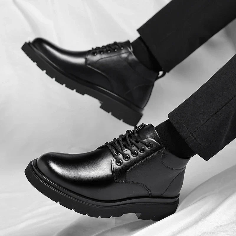 Mens Black Leather Lace Up Mid Top Boots Winter Warm Formal Business Office Wedding Shoes Black Work Boots Fashionable Dad Shoes