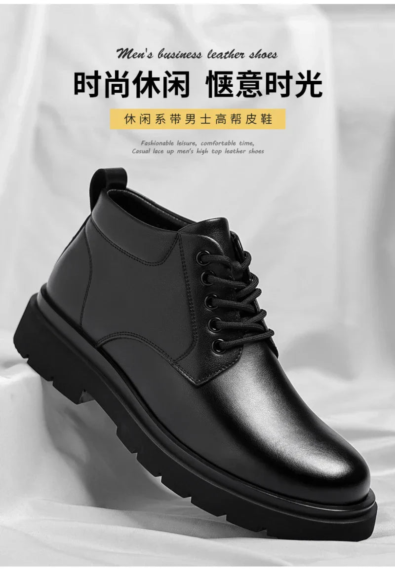 Mens Black Leather Lace Up Mid Top Boots Winter Warm Formal Business Office Wedding Shoes Black Work Boots Fashionable Dad Shoes