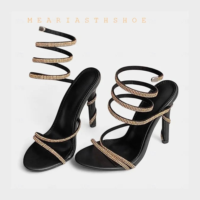 black Women's High Heels Gladiator Sandals Woman Fashion Tassel Crystal Shoes Women Sexy Banquet Party Stiletto Shoes for Women