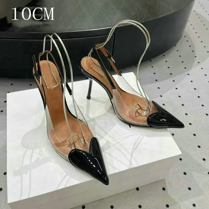 2026 New Pointy Peach Heart Fine Heel Shoes Sexy Pvc Transparent Film Black Patent Leather High Heel Overhead Sandals