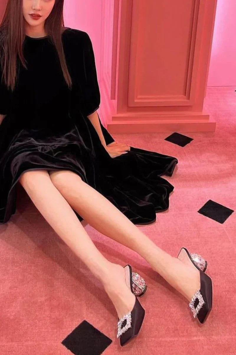 Summer Rhinestone Pumps Women Square Toe Mules Female Crystal High Heels Women Shoes Femmes Chaussures sandalias de las mujeres