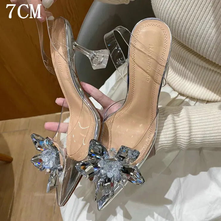 Silver Baotou Sandals Women 2026 New Summer Beautiful Pointy Wine Glass Celebrity Crystal Flower Transparent High Heels