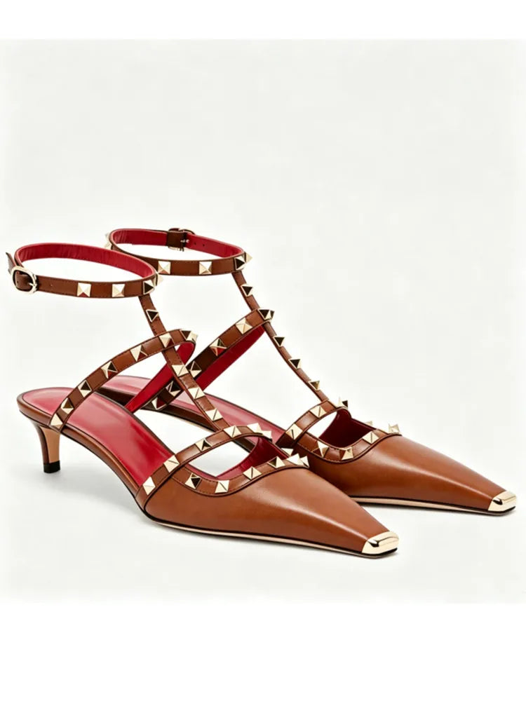 2026 Women's Rivet Low Heel Square Head Stiletto Sandals Fashion Show Party Summer Women's High Heel Sandals