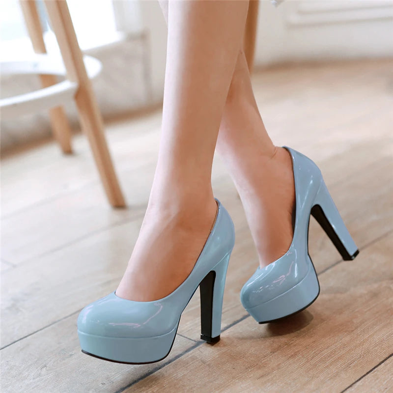 Elegant Women High Heels Platform Shoes Spring Sexy Pumps Patent Blue Pink Black Heeled Party Wedding Shoes Female Large Size 45