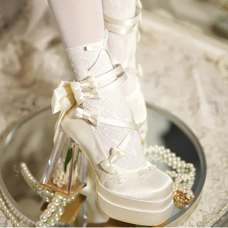 Original Lolita Red High Heels Women's Sweet Elegant Bow Velvet Mary Jane Shoes Ladies Birthday Party Cos Platform Shoes Spring