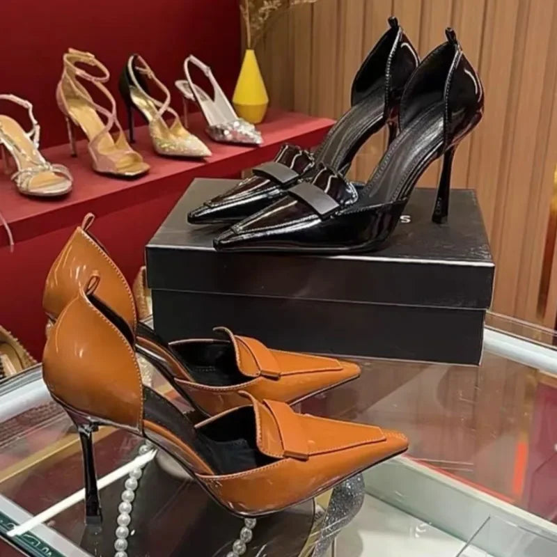 Women's Fashion Pointed Head Shallow Mouth Metal Buckle Non-slip Single Shoes Summer New Patent Leather High Heels