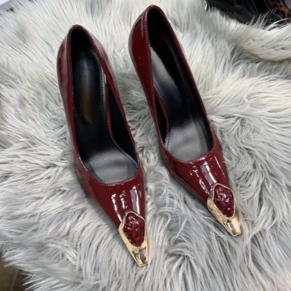 Designer Sexy Ladies' Elegant Retro Pointed-toe Shallow Mouth Gemstone High-heeled Metal Patent Leather One-strap Heel Sandals