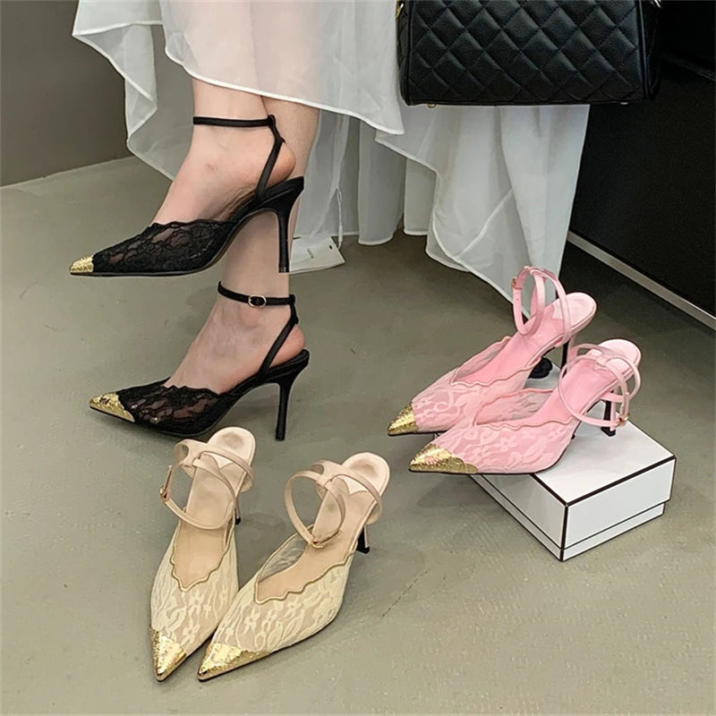 Aneikeh Fashion Retro Lace Designer Pointed Toe Thin Heels Slingbacks Pumps Women Wedding Banquet Dress Mules Ladies Shoes