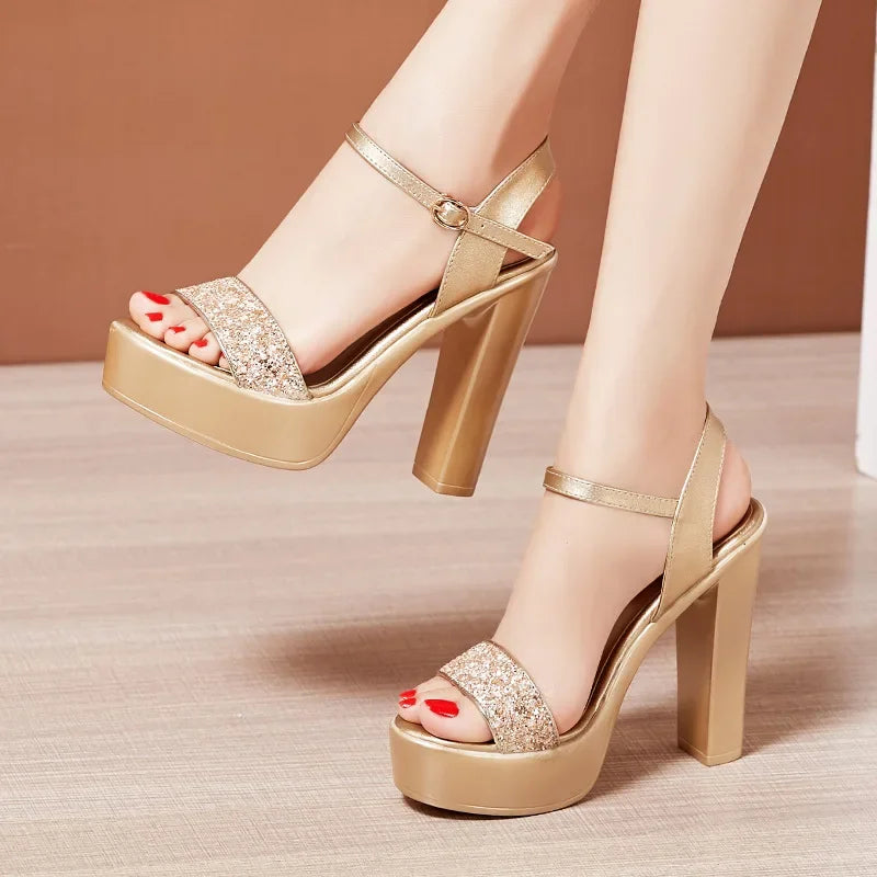 Maogu Block High Heels Wedding Shoes Silver Gold 203 Elegant Ladies Shoe Summer Bling Chunky Platform Sandals Women Size 32 43