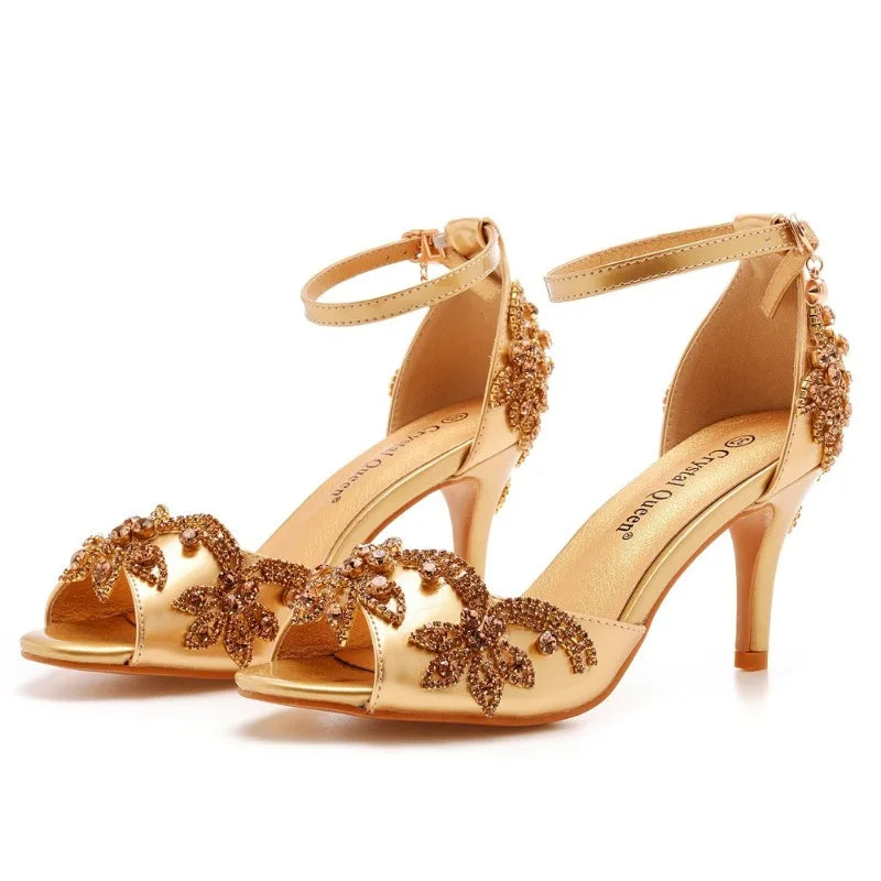 Quality Women Sandals Female Rhinestone PU 7CM Thin Heels Buckle Strap Korean Style Women's Shoes Dress Sky Blue Mature