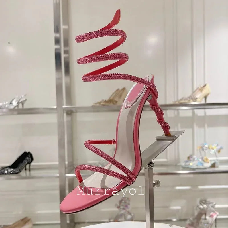 Glitter Crystal Decor High Thin Heels Sandals Women Shiny Snake Shaped Elastic Strap Design Sandalias Summer Party Dress Shoes