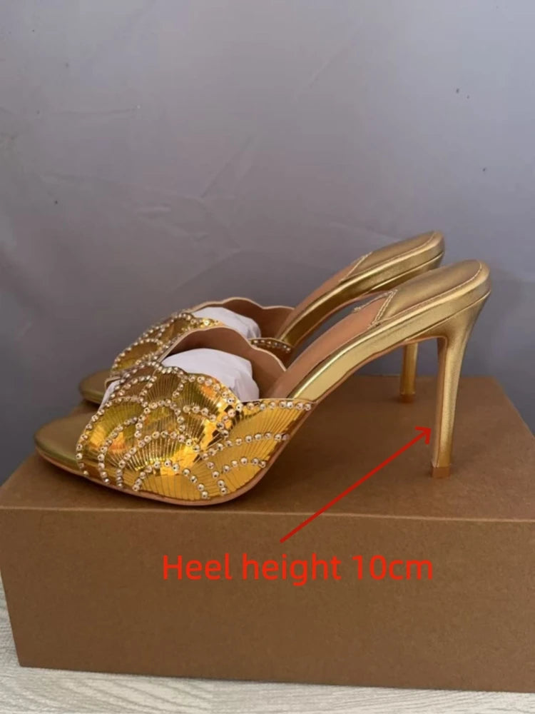 2026 New Gold Pineapple Sexy Rhinestone Fine High Heel Sandals Women's Outdoor Wear Glamorous Lady Executive Plus Size Slippers